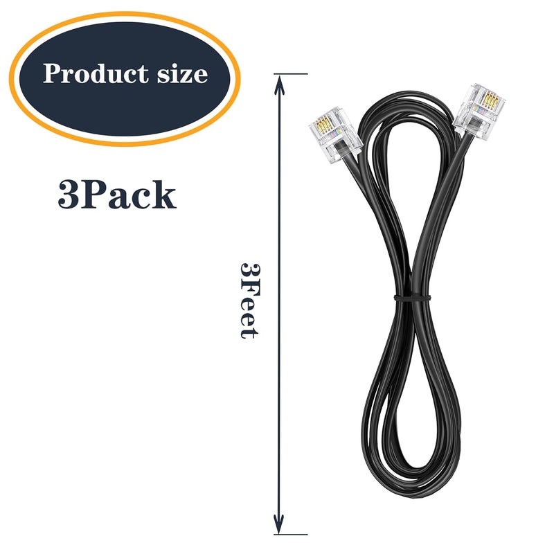 Ubramac 3Pack Phone Telephone Extension Cord 3.3FTCable Line with Standard RJ11 6P4C Plugs for Landline Phone and Fax (3, Black, 3.3FT) - Image 2